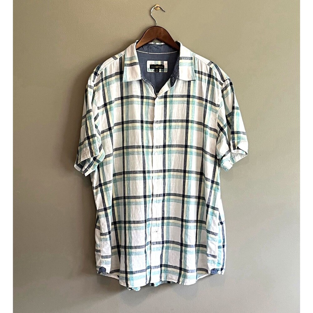 Club Room Mens XXL 2XL Linen Blend Shirt Plaid White Short Sleeve SS Summer